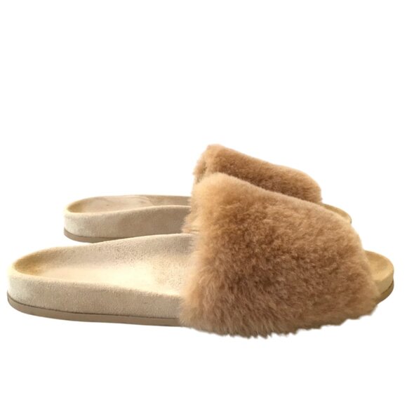 Jenni Kayne Shearling Slide Sandals Womens 39 9 Tan Brown Suede Open Toe Mules - Picture 4 of 13